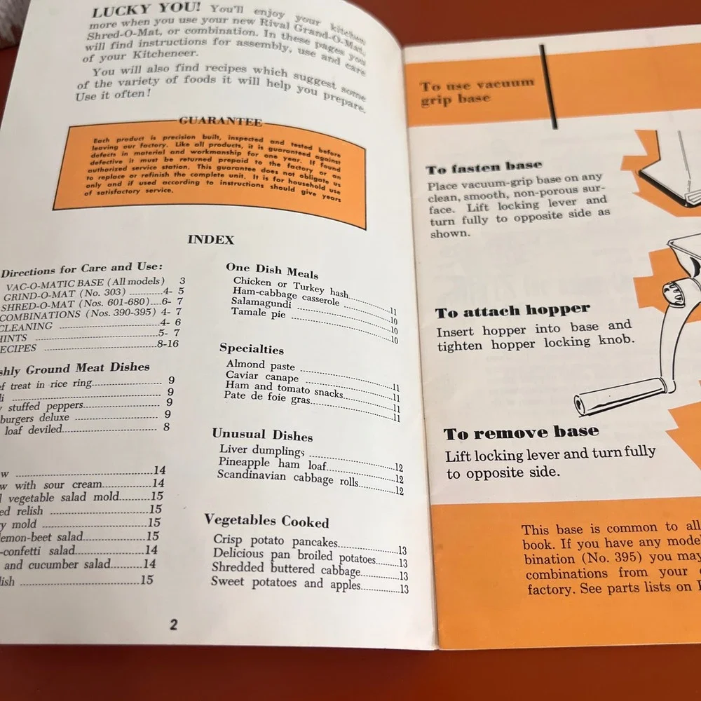 Vintage Rival Kitcheneer Instructions Recipes Manual Grind-O-Mat Shred-O-Mat 303